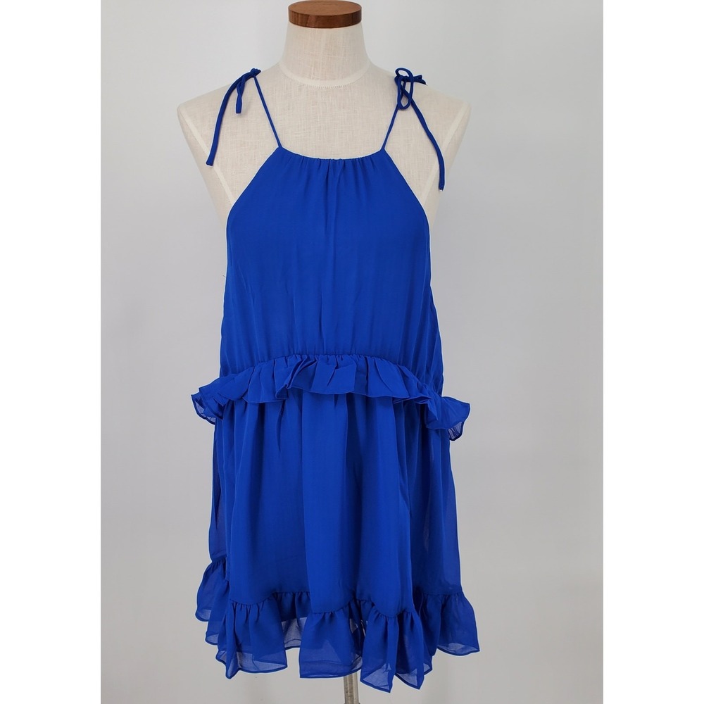 Pinch Womens Medium Royal Blue Ruffle Tiered Adjustable Tie Strap Mini Dress New